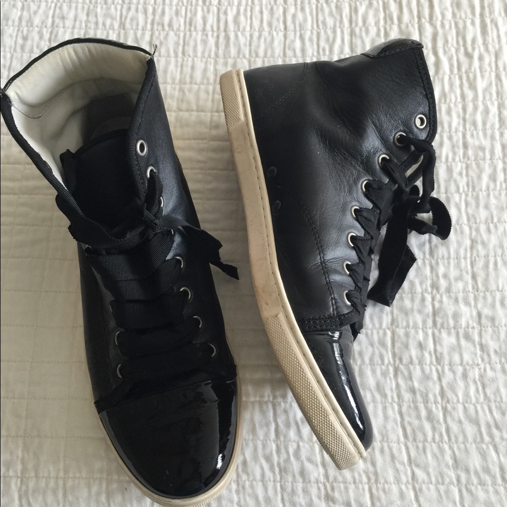 Lanvin black leather high tops w/patent cap toe & ankle